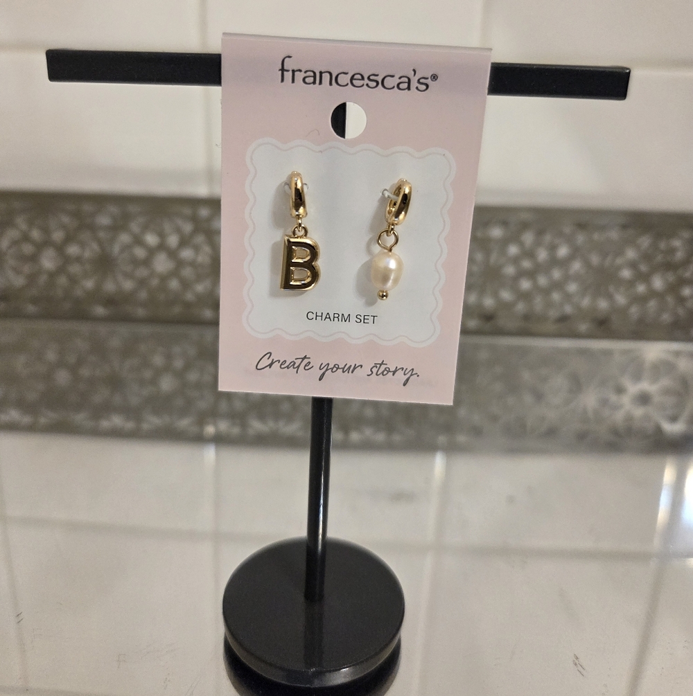 Francesca's Gold Initial 'B' Charm with Pearl Drop